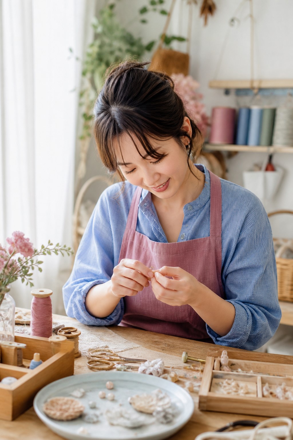 ブルーとベリーローズの服で制作する作家のデモ写真