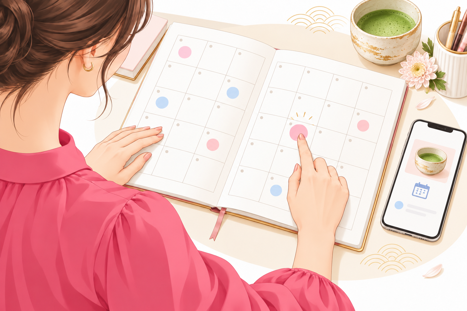 カレンダーで予定に合う日を選ぶ女性のイラスト