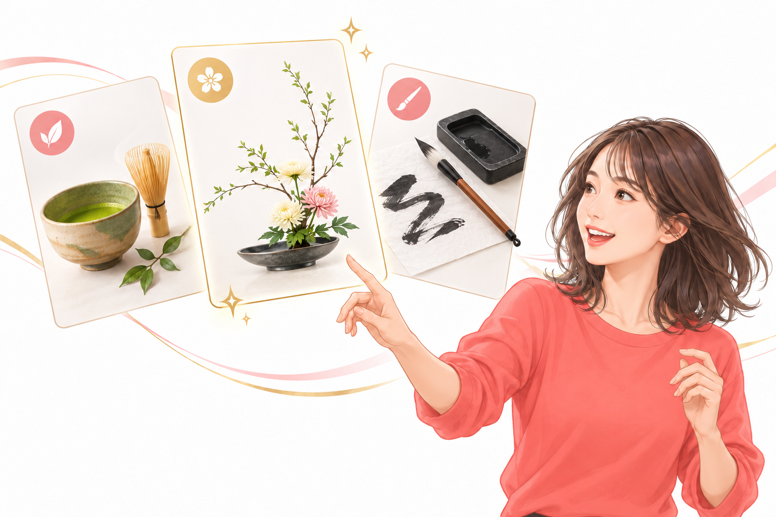 茶道・華道・書道のイメージから興味のある体験を選ぶ女性のイラスト
