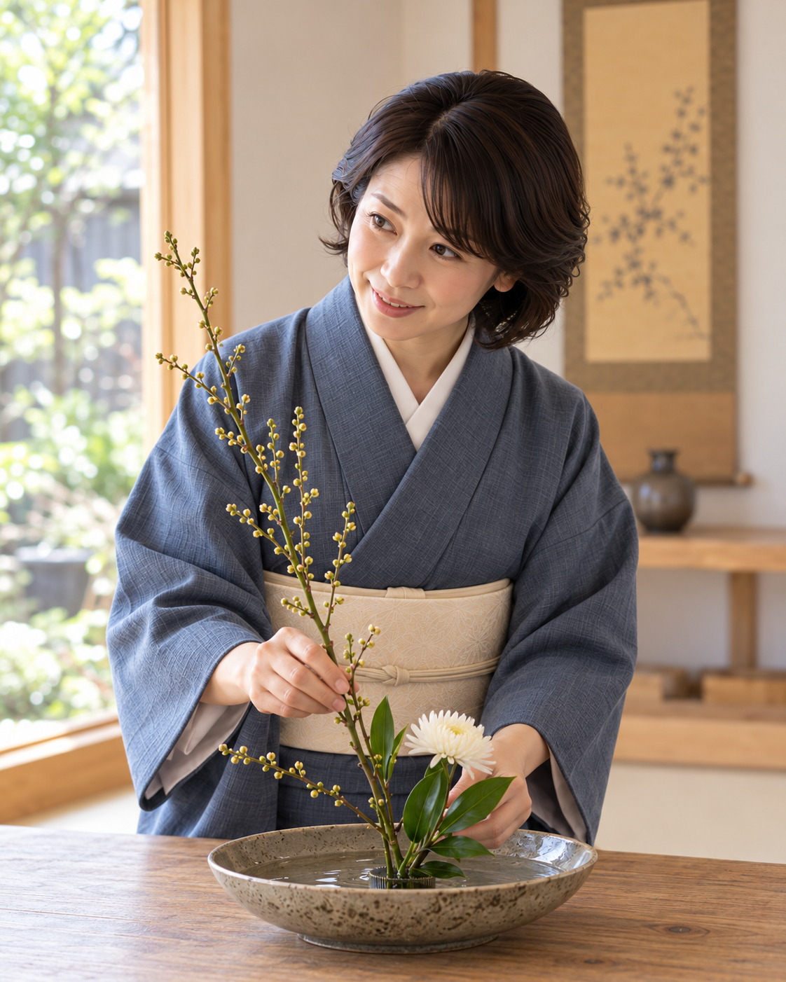 架空の掲載サンプル：和装の講師が生け花を教える様子