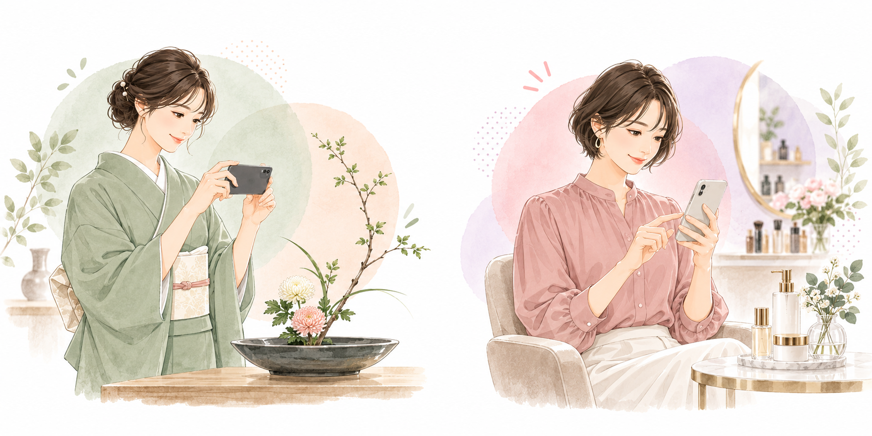 和装の講師が生け花をスマートフォンで撮影するイラスト