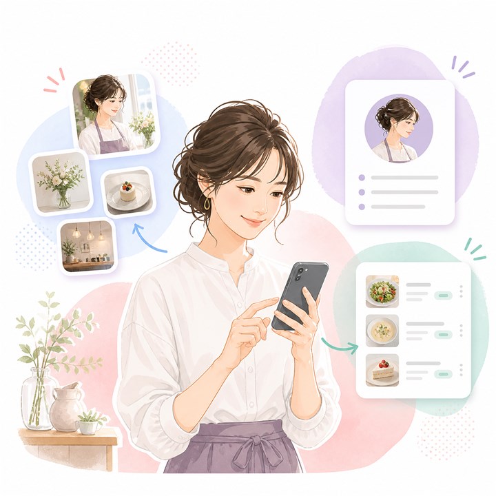 スマホで写真と基本情報をまとめるイラスト